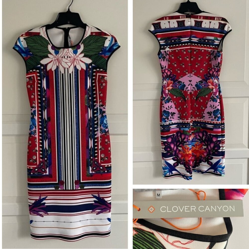New! Clover Canyon Red Floral Striped Print Mini Sheath Dress 20812